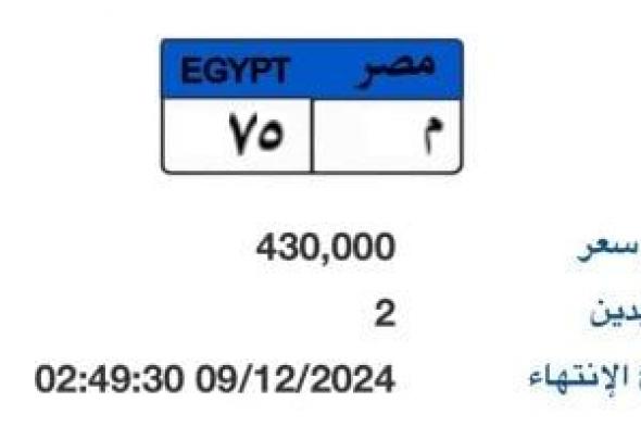 "م - 75" لوحة مميزة بمزاد اللوحات المعدنية بسعر يقترب من نصف مليون جنيه